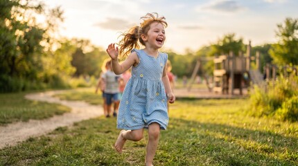 Fototapeta premium World children's day happy young girl running at a park playground with children, childhood