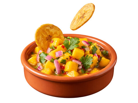 Fresh mango salsa in rustic ceramic bowl with plantain chips tropical appetizer delicious vegetarian culinary homemade cilantro refreshing background isolated transparent background PNG
