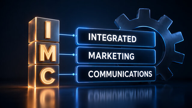 IMC - Integrated Marketing Communications Concept Visualized with Glowing Blocks and Gear