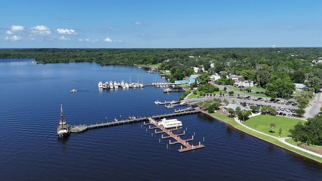 Public boat ramp and docks near downtown Palatka along the St Johns River in Putnam County, Florida.