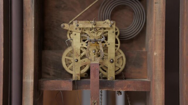 Close up internal shot showing the complex network of brass gears, cogs, wheels, and springs moving inside an antique mechanical grandfather clock.