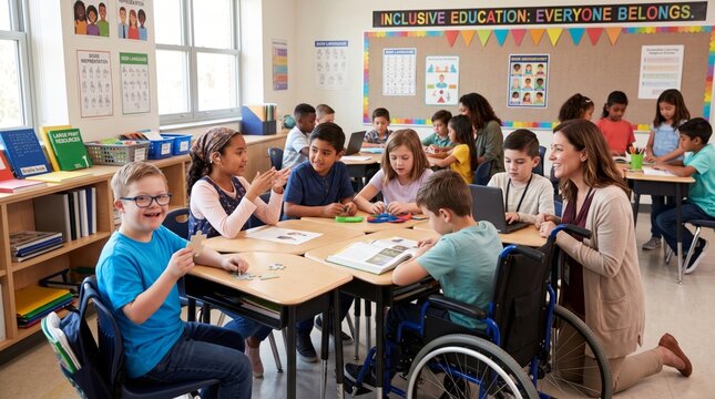 Inclusive classroom setting celebrating world children's day with diverse students and teacher