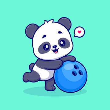 
Adorable cartoon panda hugs a bright pink bowling ball and shows a heart speech bubble on a teal background, conveying playful affection and fun for kids, sports, kawaii, and friendly designs.
