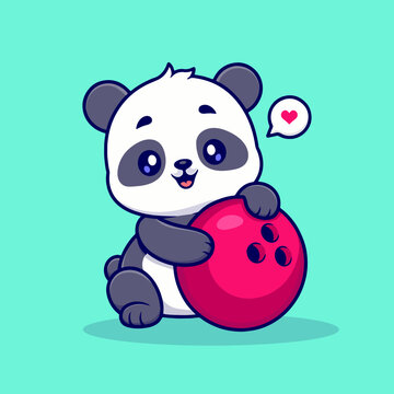
Adorable cartoon panda hugs a bright pink bowling ball and shows a heart speech bubble on a teal background, conveying playful affection and fun for kids, sports, kawaii, and friendly designs.
