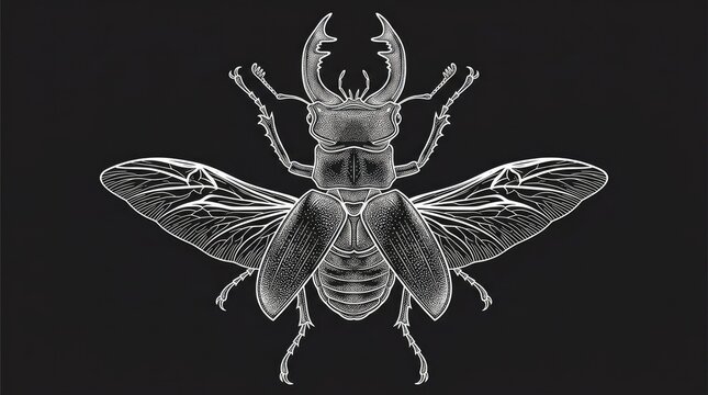 Detailed stag beetle illustration featuring intricate white stippling art style isolated on a solid dark background