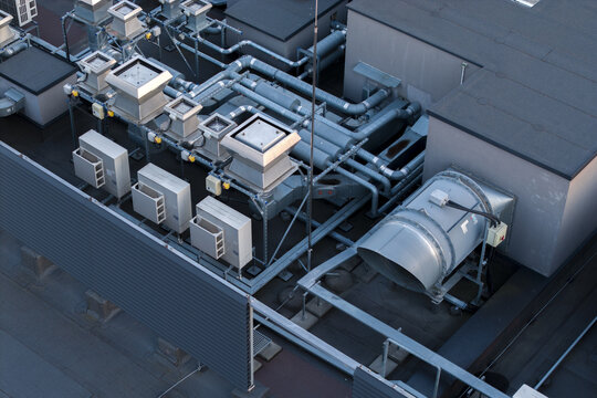 Aerial view of industrial HVAC ventilation systems and cooling units on the rooftop of an AI data center in Krakow, Lesser Poland Voivode, Poland.