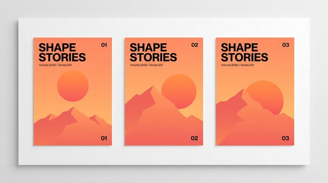 Minimalist mountain landscape poster set, geometric shape stories art collection, orange sun and peak illustrations for modern wall decor