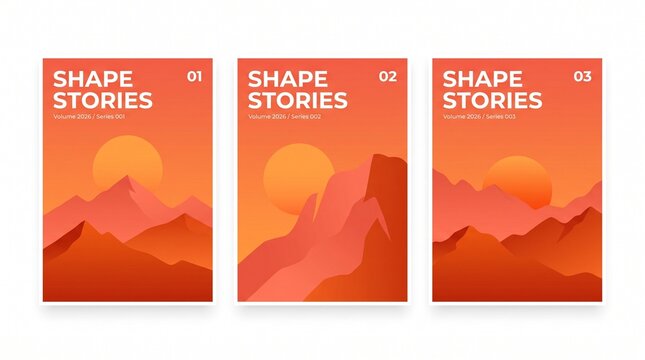 Minimalist mountain landscape posters, set of 3 geometric sunset illustrations, orange desert peak shape stories for modern wall art decor