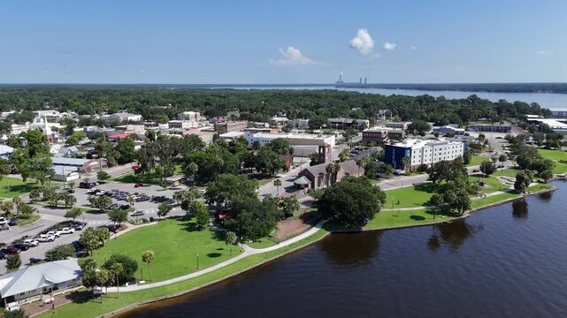 Aerial view along the waterfront in downtown Palatka located along the St Johns River in Putnam County, Florida.