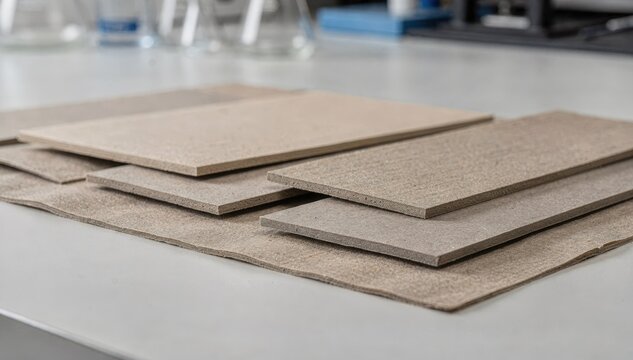 Matte finish compostable cover samples under evaluation on a lab bench emphasizing surface texture in sharp focus while surroundings fade softly.