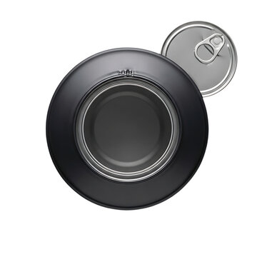Top view of a black aluminum beverage can with silver pull tab isolated on white background beverage aluminum container packaging industrial isolated template transparent background PNG