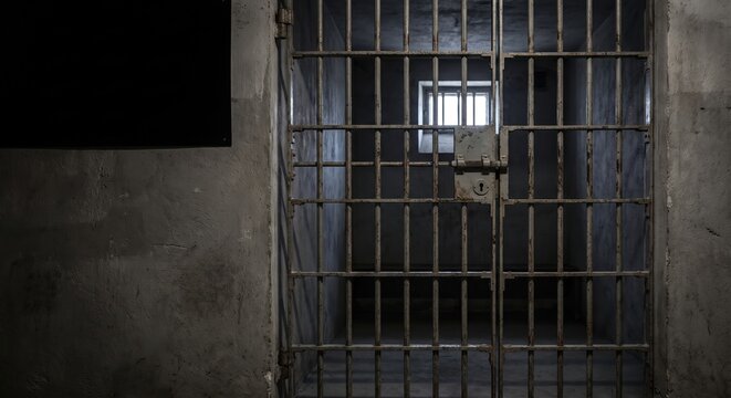 Dark and Abandoned Jail Cell with Metal Bars and Dim Light from Window