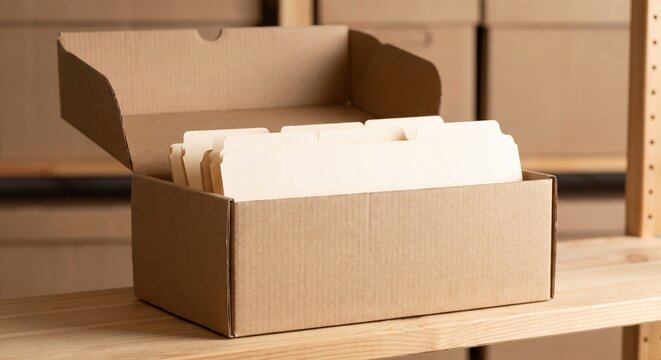 Open cardboard box with organized file folders on a wooden table in storage
