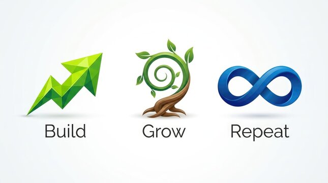 Business concept icons featuring vibrant green growth arrow and blue infinity symbol for professional success strategies