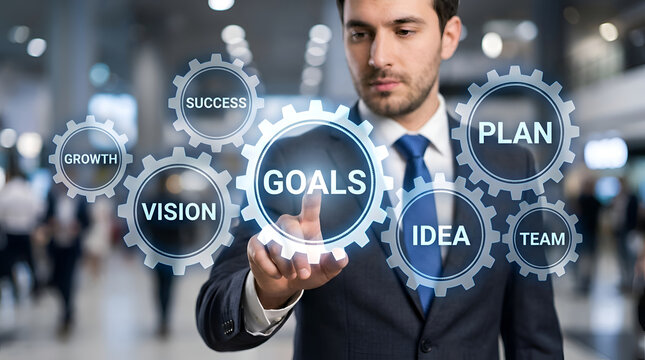 Businessman Touching Virtual Gear Interface Displaying Business Goals Strategy Vision Growth Success and Planning Concept
