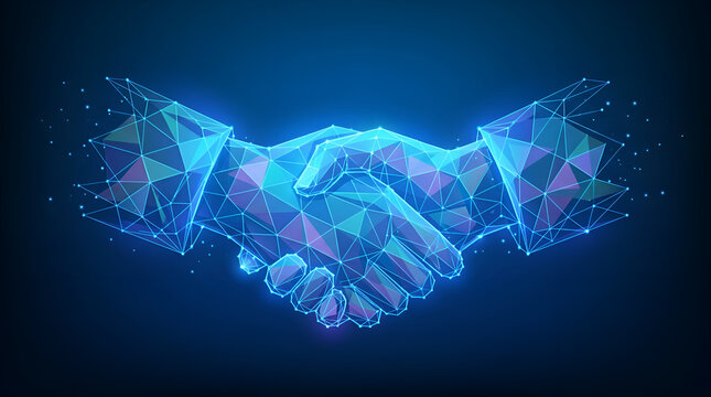 Digital handshake of polygonal hands representing partnership, business agreement, and future technology