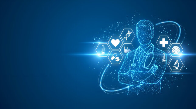 Digital healthcare concept with futuristic doctor illustration, medical icons, and glowing network lines on blue background