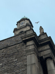 Fototapeta premium dublins old church tower on rainy day with a bird