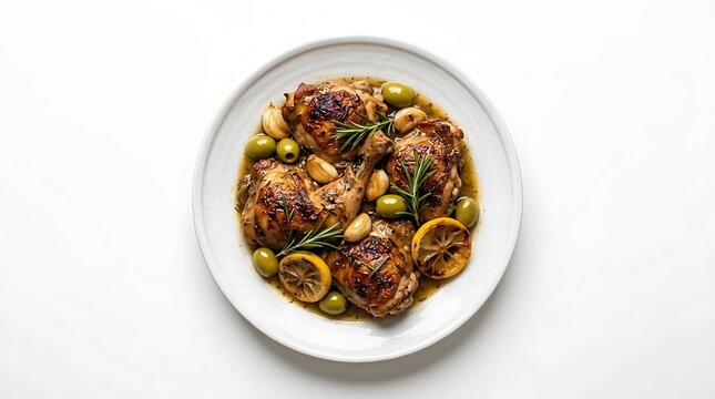 Roasted chicken thighs with green olives lemon and fresh rosemary herbs served on a round white plate. roman chicken dish