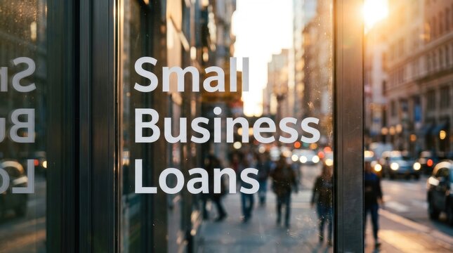 Small business loans text printed on glass window overlooking a busy city street at sunset