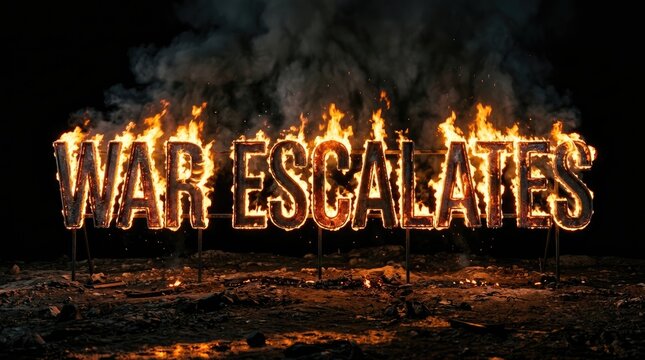 Flaming metal letters spelling war escalates standing on a dark ground with intense smoke and embers