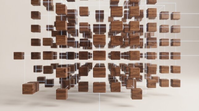 Floating Wooden Wireframe Grid Representing Software Architecture and Modular Design Concept