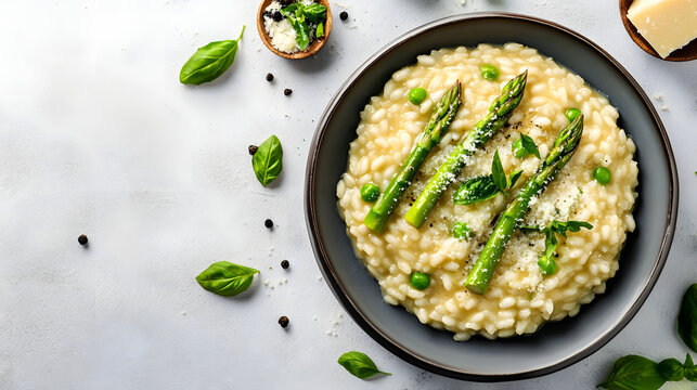 Top view of Italian risotto with fresh spring asparagus and flavorful�Parmesan�cheese.