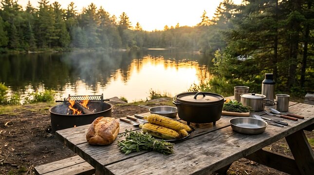 Cooking fresh food on a rustic wooden table at a peaceful campsite by the lake during a warm sunset. campfire dinner setup