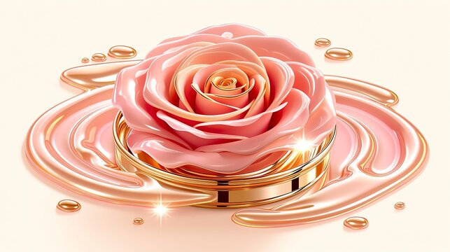 Blush pink cosmetic serum rose with golden liquid rings