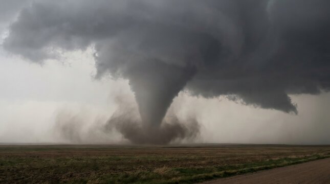 Tornado funnel cloud touching down on rural plain