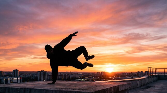 夕焼けの屋上でブレイクダンスを披露するダンサーのシルエット