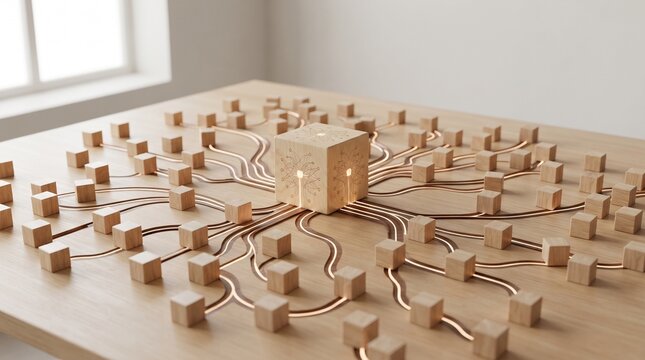 Wooden Neural Learning Hub Representing Machine Learning Adaptive Intelligence and Digital Knowledge Concept