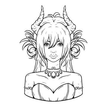illustration art hand drawn pink elf girl with horn half body black and white design