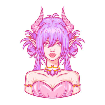 illustration art hand drawn pink elf girl with horn half body tattoo and t-shirt design