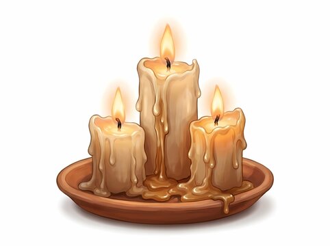 Three Burning Candles on a Ceramic Plate.
