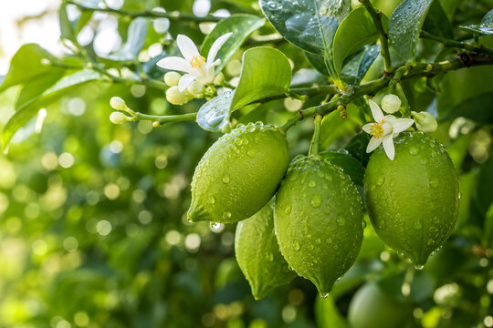 Fresh green lemons with white blossoms and water drops on tree branch