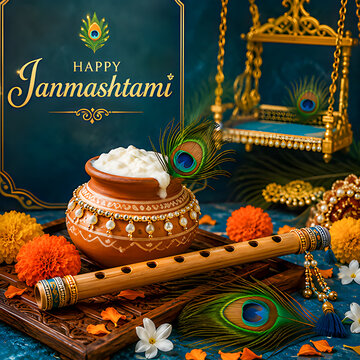 Creative happy janmashtami greeting with decorated butter pot and bamboo flute, festival