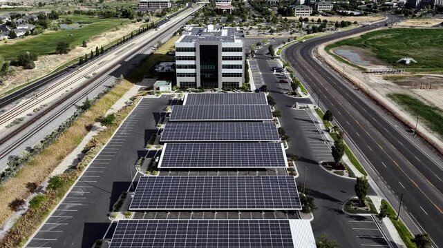 Aerial view of an office building featuring rooftop solar panels and a large solar panel covered parking structure for renewable energy in Lehi, Utah, United States.