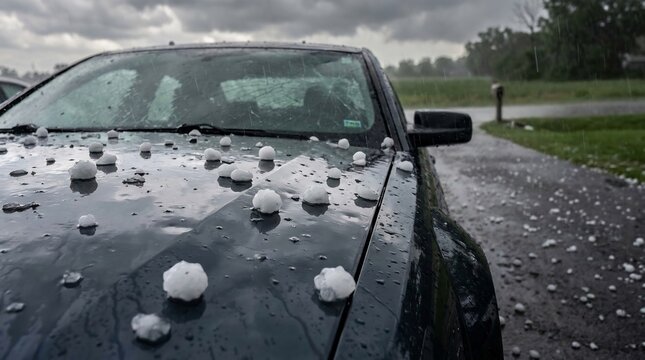 Hailstones covering car hood after severe storm