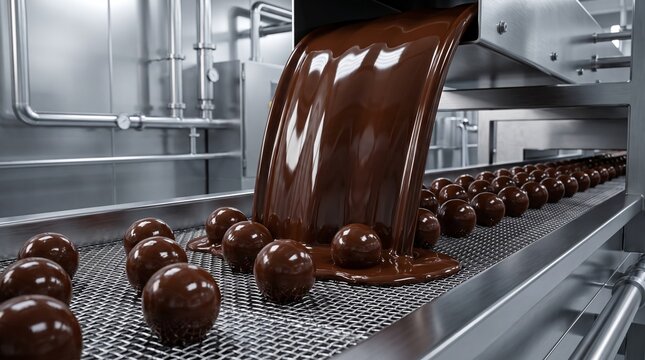 Shiny dark chocolate balls moving on a metal conveyor belt in a professional food factory machine