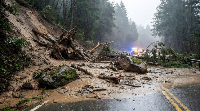 Mudslide landslide flowing across mountain road