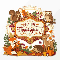 Naklejka premium Happy Thanksgiving woodland creatures illustration with autumn leaves and pumpkins