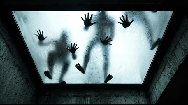 Silhouettes of people pressing hands against glass surface