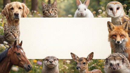 Naklejka premium Group of wild and domestic animals framing a blank paper banner for text. Cute creatures in forest environment for nature conservation and wildlife education design concept. Animal poster, copy space