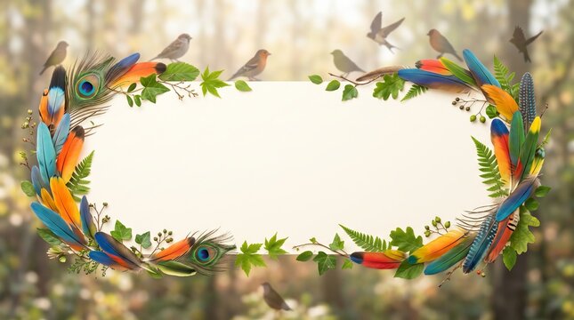 Decorative frame of colorful bird feathers and green leaves for text. Artistic nature border with exotic plumage and forest foliage against blurred woodland background for greeting card, copy space