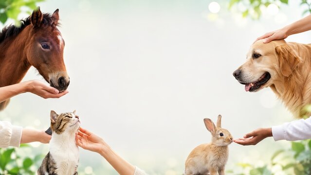 People taking care of animals in nature. Woman hands feeding and petting horse, dog, cat and rabbit. Animal welfare and love for pets concept. Bright sunny background with copy space