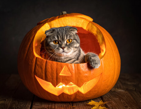 cute scottish fold cat inside a carved halloween pumpkin lantern
