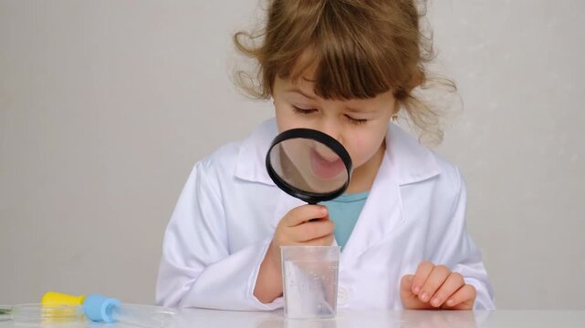 Laboratory examination of a child with test tubes, reagents and a microscope. Selective focus.
