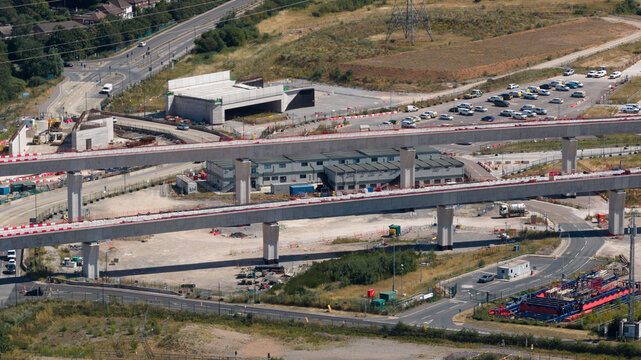 Birmingham, United Kingdom - 12 July 2026: Aerial view of High Speed 2 railway construction in England, showing major infrastructure works, earthmoving, tunnels, bridges and transport development.