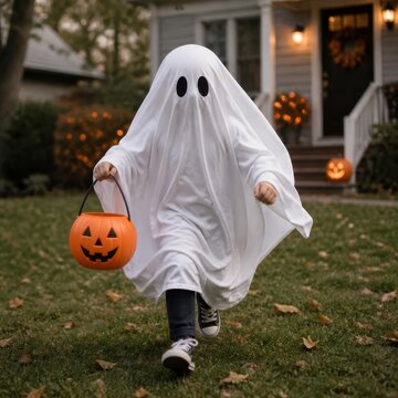 Child in ghost costume running with pumpkin bucket on Halloween night